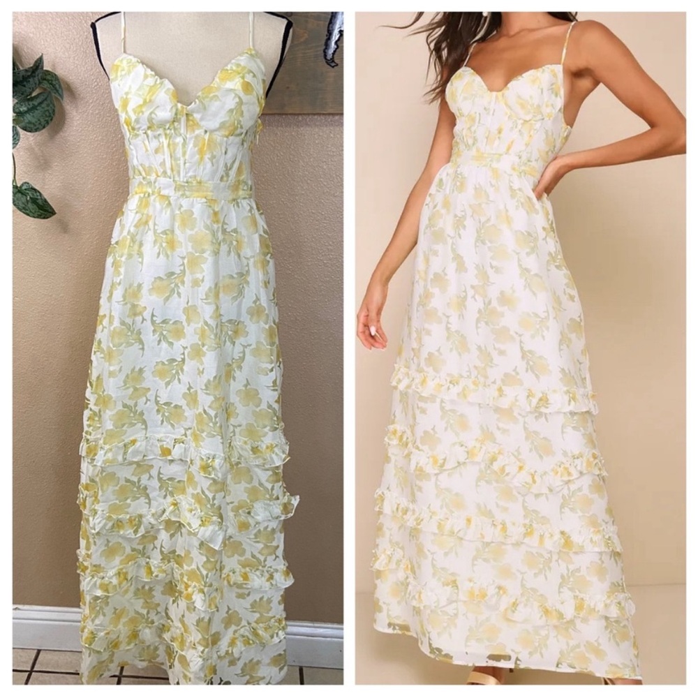 NWT Lulus Gorgeous Occasion Cream Floral Burnout Lace-Up Tiered Maxi Dress